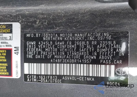 2011 Toyota Camry Le из США, поврежденный, VIN 4T4BF3EK0BR141957